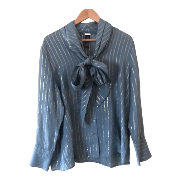 Chico's Black Label Silk-Blend Metallic Top Women's 2 Blue - Picture 5 of 10